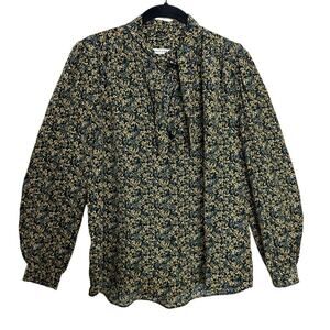 Masscob Blouse Silk Green Floral Button Front Tie Neck